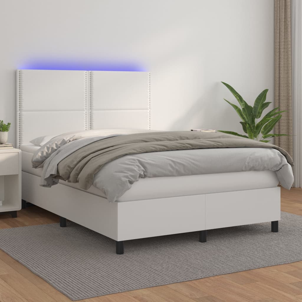 vidaXL Pat box spring cu saltea, alb, 140x190 cm, piele ecologică