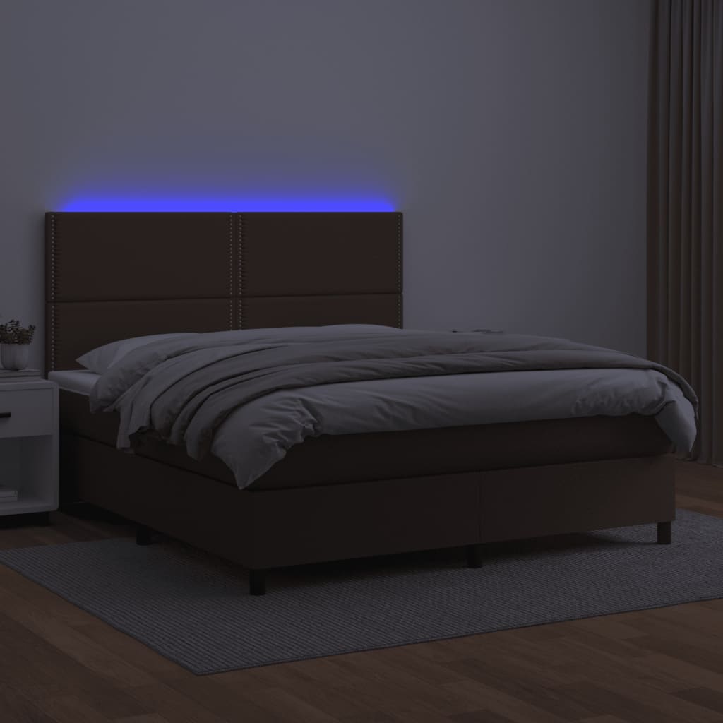 Pat cu arcuri, cu saltea & LED, maro, 140x190 cm, piele eco