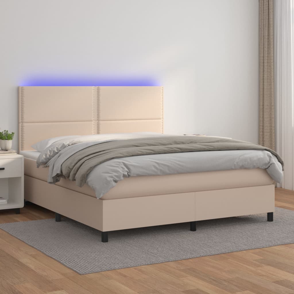 vidaXL Pat cu arcuri, cu saltea și LED cappuccino 140x190 cm piele eco