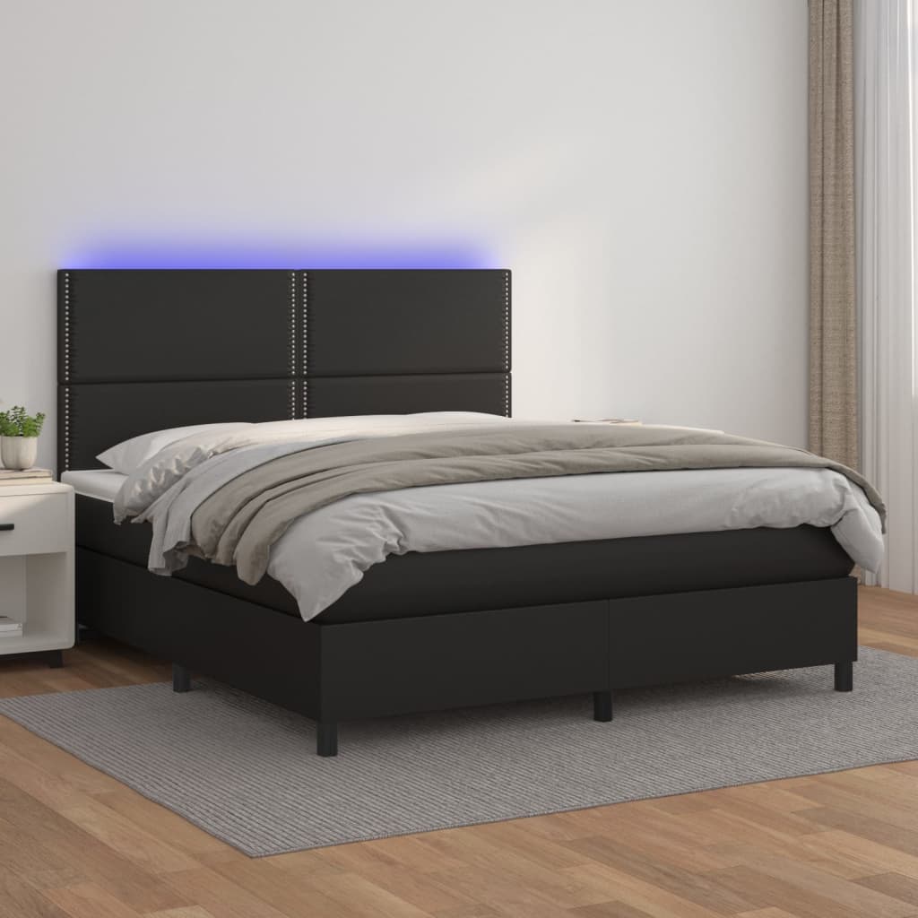 fekete műbőr rugós ágy matraccal és LED-del 160x200 cm