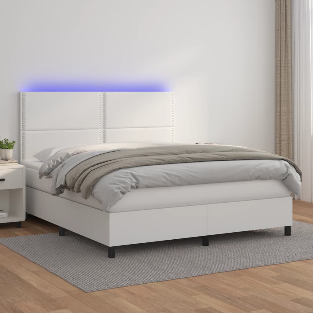 vidaXL Pat cu arcuri, saltea și LED, alb, 160x200 cm, piele ecologică