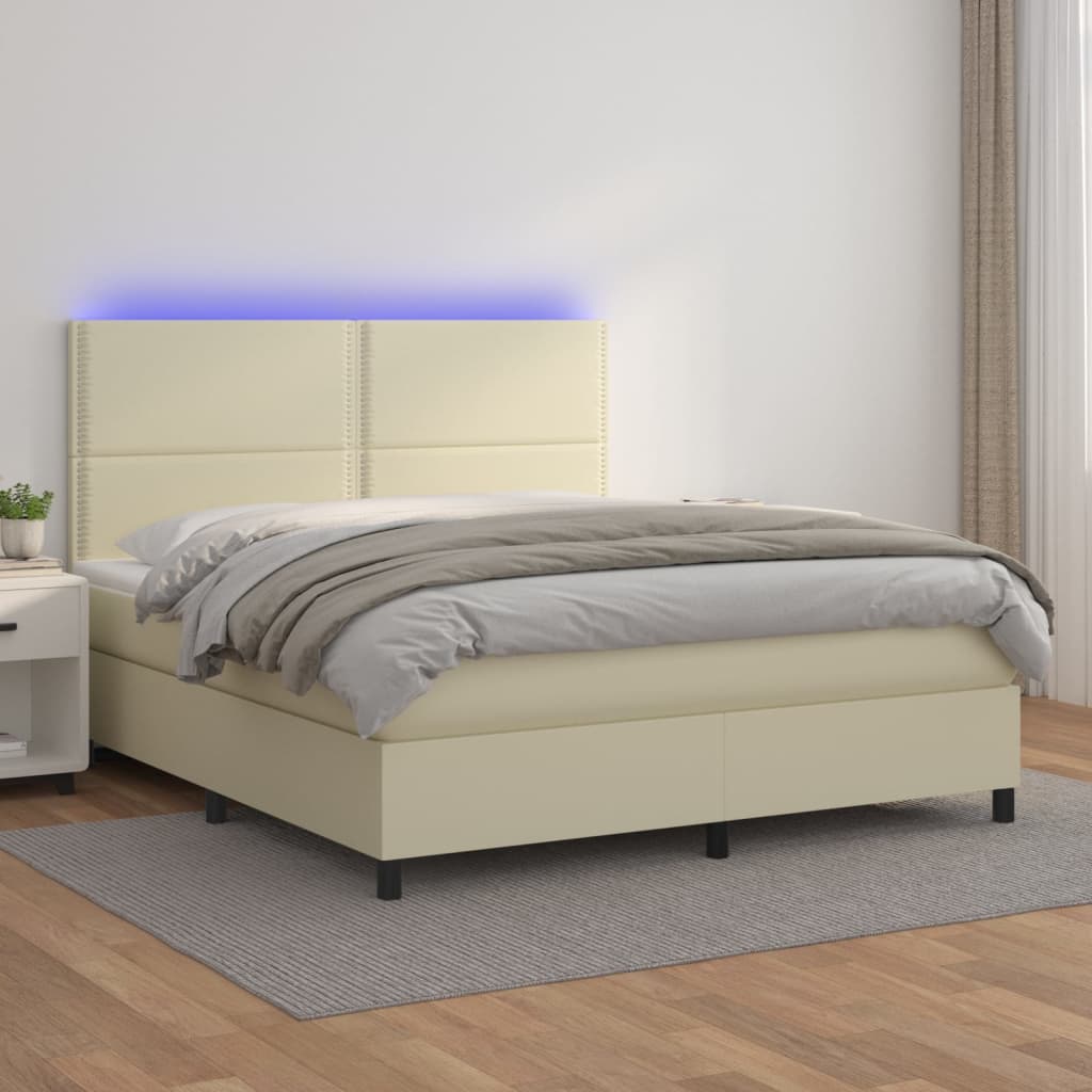 Box spring postel s matrací a LED krémová 160x200 cm umělá kůže