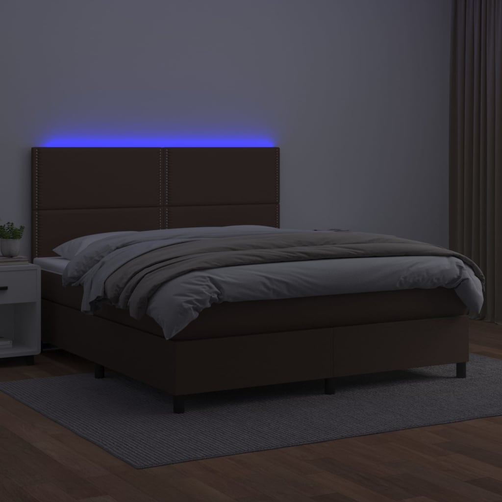 Łóżko kontynentalne z materacem i LED, brąz, ekoskóra 180x200cm