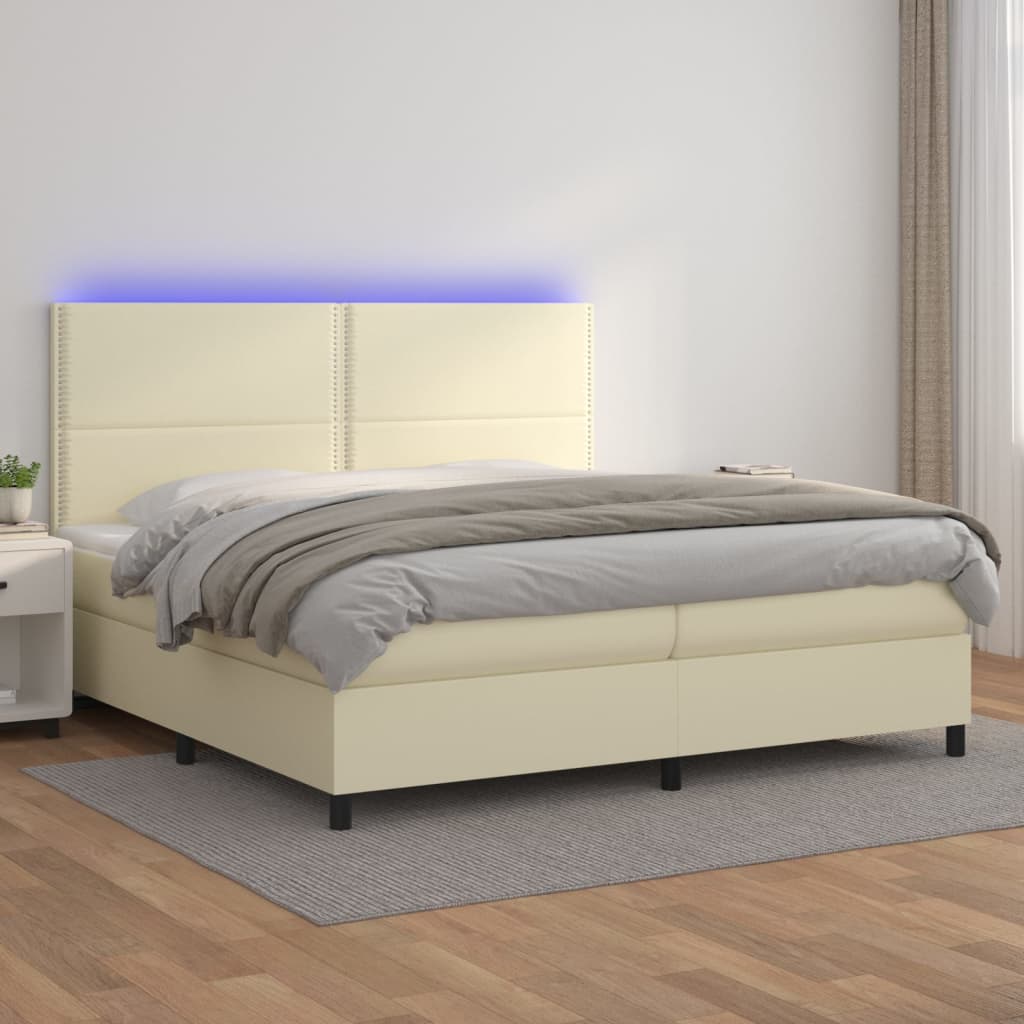 Sommier tapissier et matelas et LED Crème 200x200 cm Similicuir