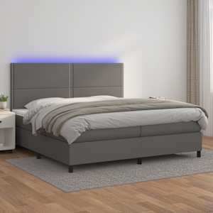 Box spring postelja z vzmetnico LED siva 200x200cm umetno usnje
