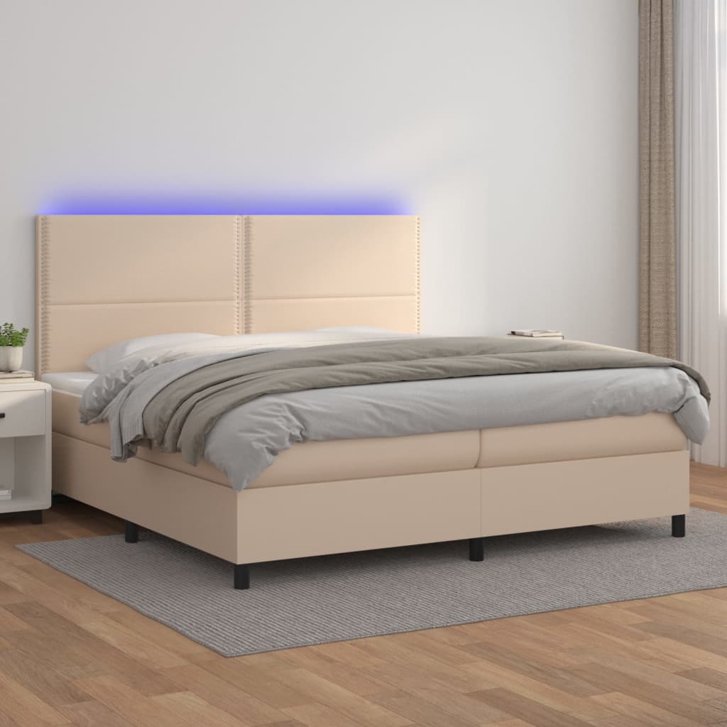 vidaXL Pat cu arcuri, cu saltea și LED cappuccino 200x200 cm piele eco