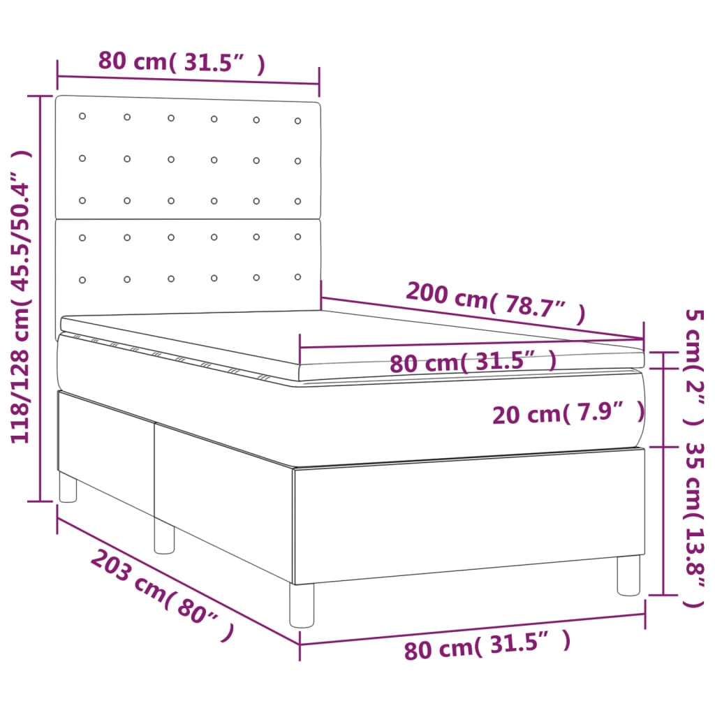 Pat continental cu saltea & LED, alb, 80x200 cm, piele eco