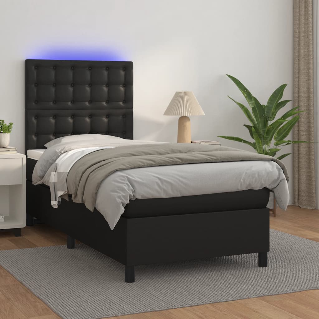 vidaXL Pat cu arcuri, saltea și LED, negru, 90x190 cm, piele ecologică