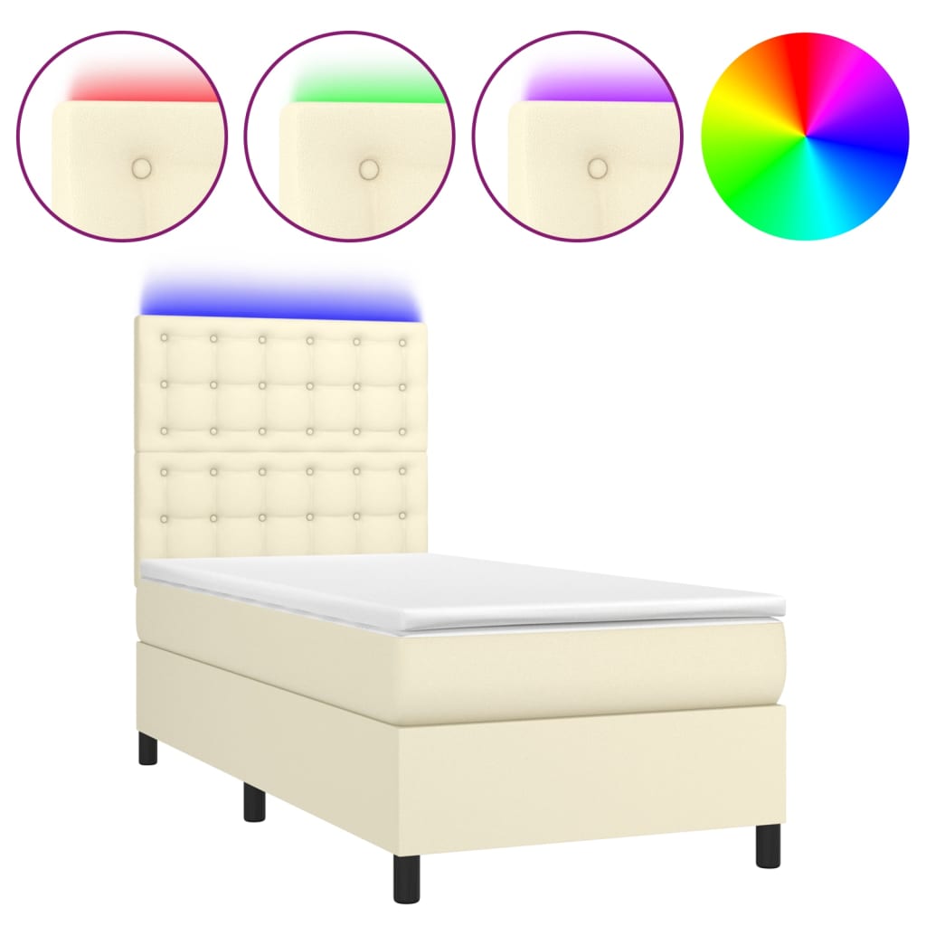 VidaXL Box spring postel s matrací a LED krémová 90x190 cm umělá kůže