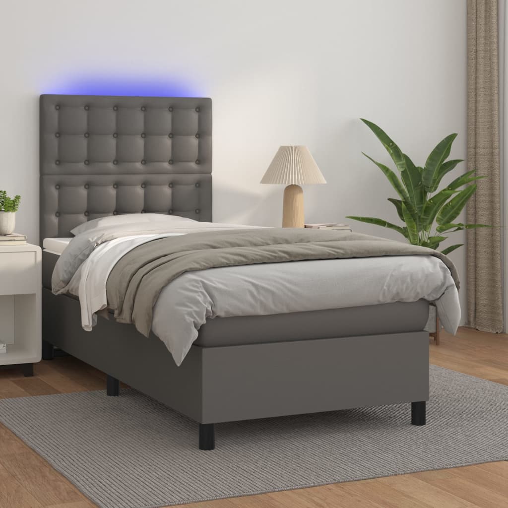 Sommier tapissier et matelas et LED Gris 90x190 cm Similicuir