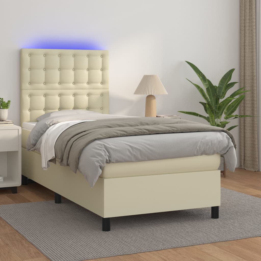 vidaXL Pat cu arcuri, cu saltea și LED, crem, 90x200 cm, piele eco