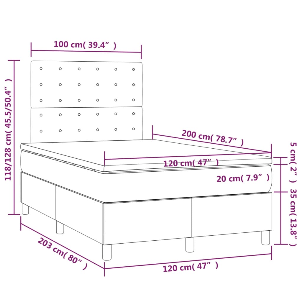 Pat cu arcuri, saltea și LED, gri, 120x200 cm, piele ecologică