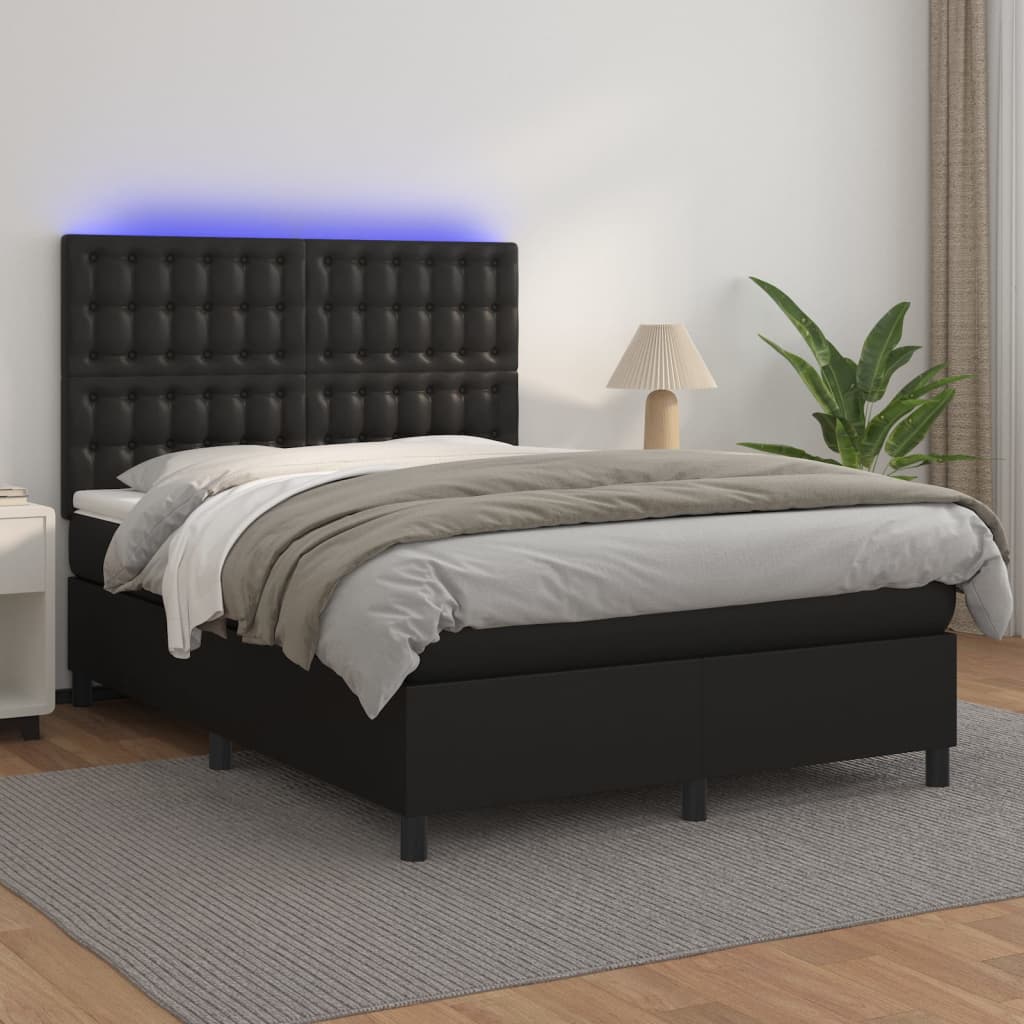 vidaXL Pat box spring cu saltea, negru, 140x190 cm, piele ecologică