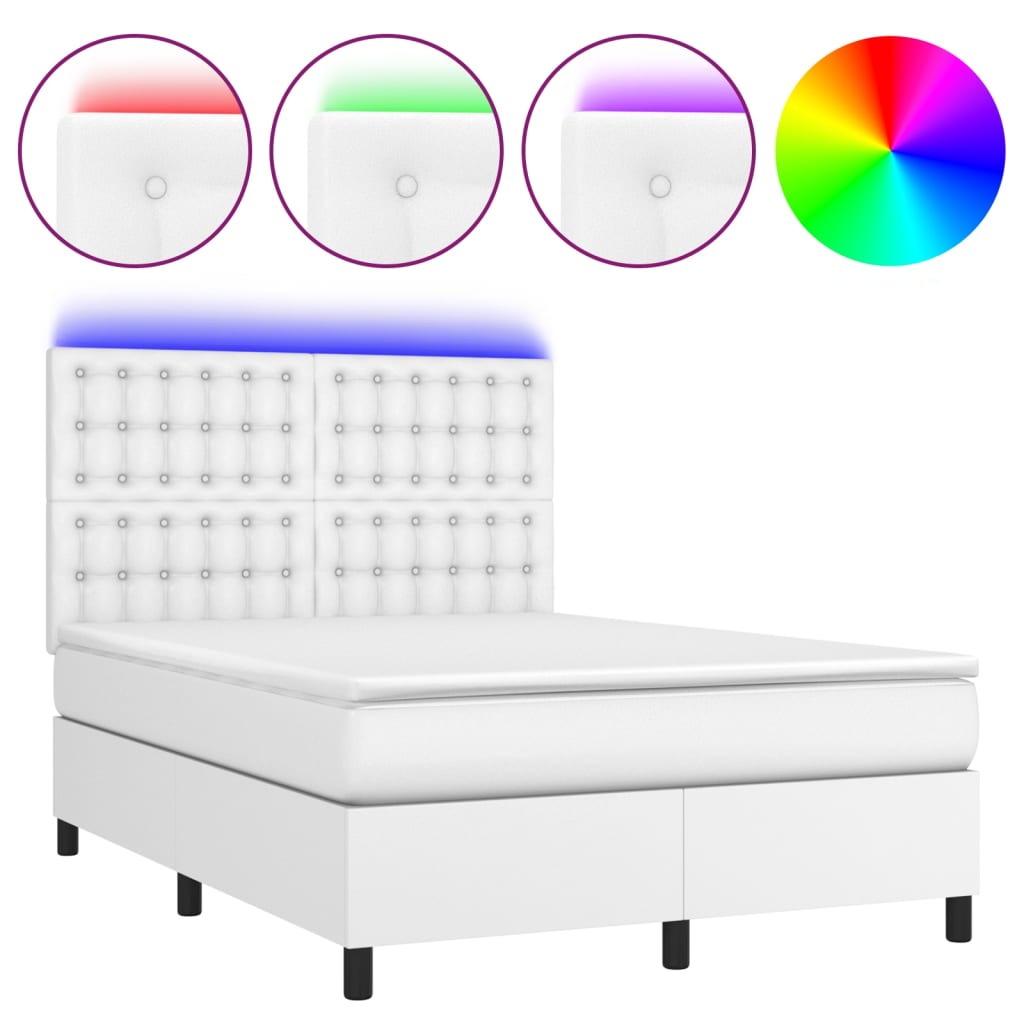 vidaXL Box spring postelja z vzmetnico LED bela 140x190cm umetno usnje