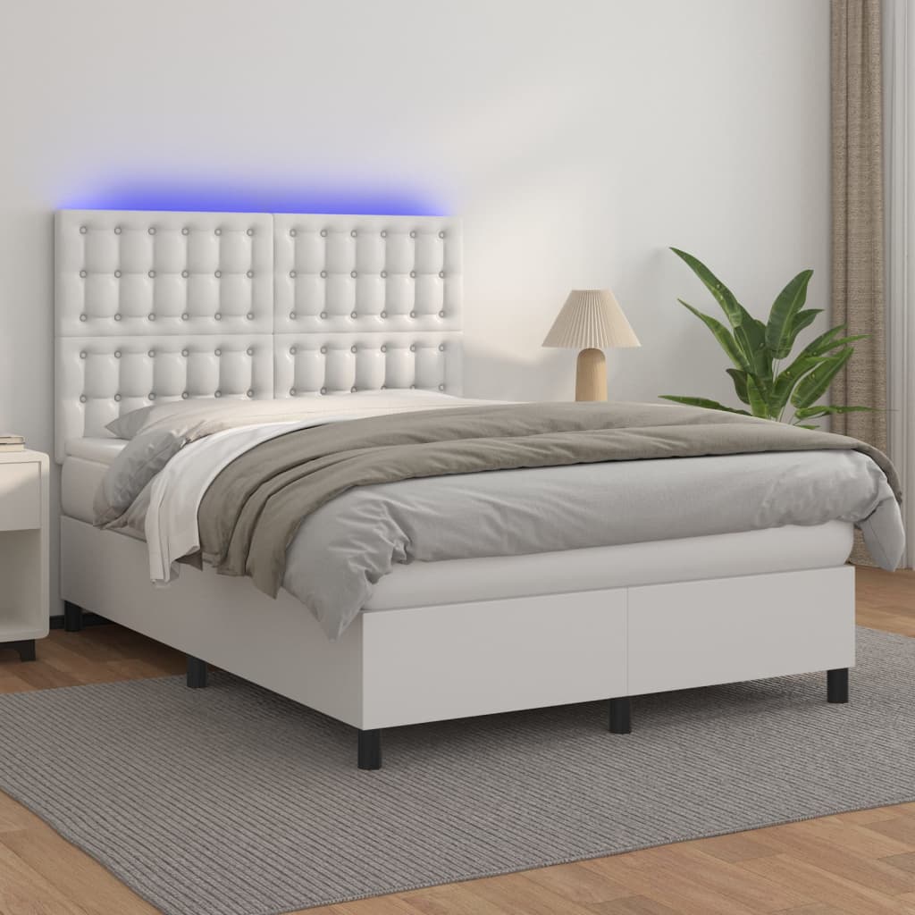 vidaXL Pat box spring cu saltea, alb, 140x190 cm, piele ecologică