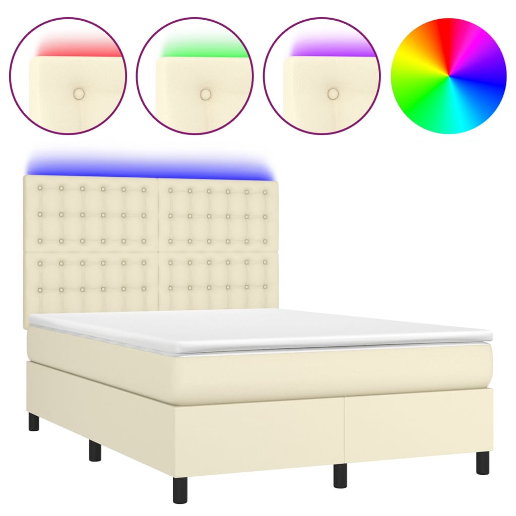VidaXL Box spring postel s matrací a LED krémová 140x190 cm umělá kůže