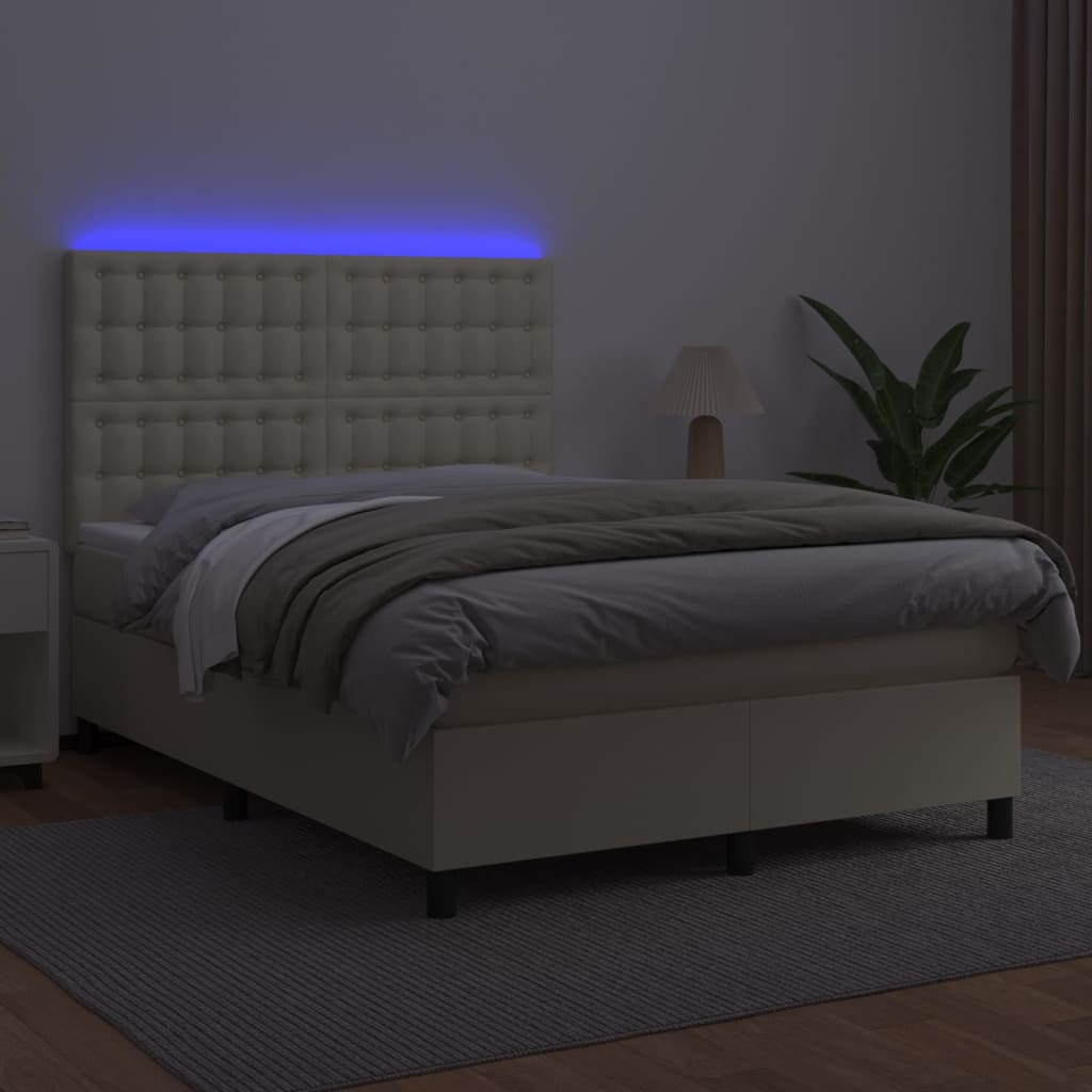 vidaXL Boxspring met matras en LED kunstleer crèmekleurig 140x190 cm, foto 2
