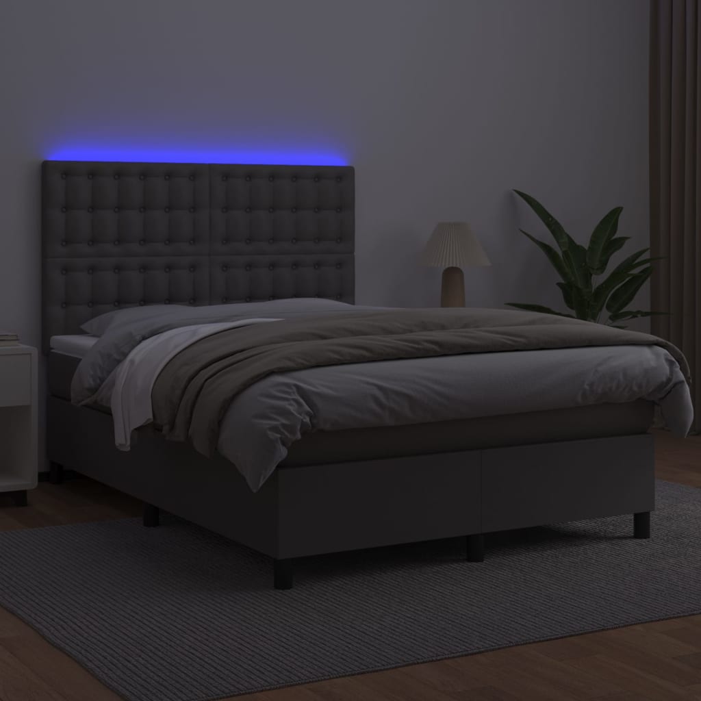 Box spring postelja z vzmetnico LED siva 140x190cm umetno usnje