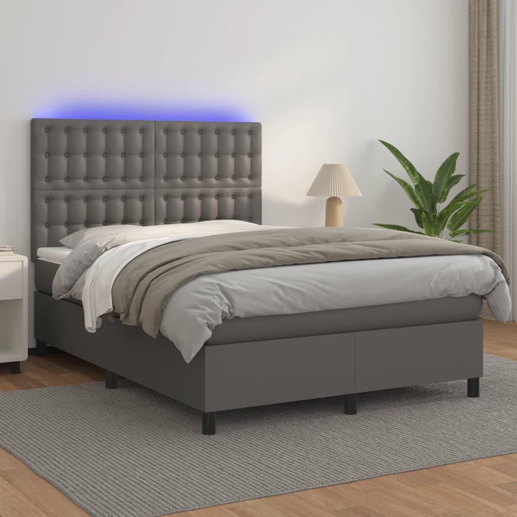 vidaXL Boxspringbett mit Matratze & LED Grau 140x190 cm Kunstleder