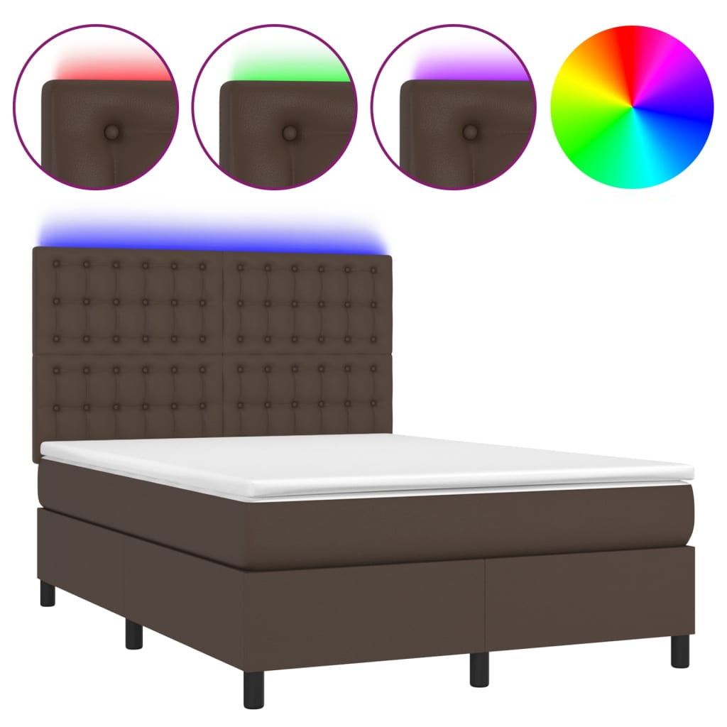 vidaXL Boxspring met matras en LED kunstleer bruin 140x200 cm