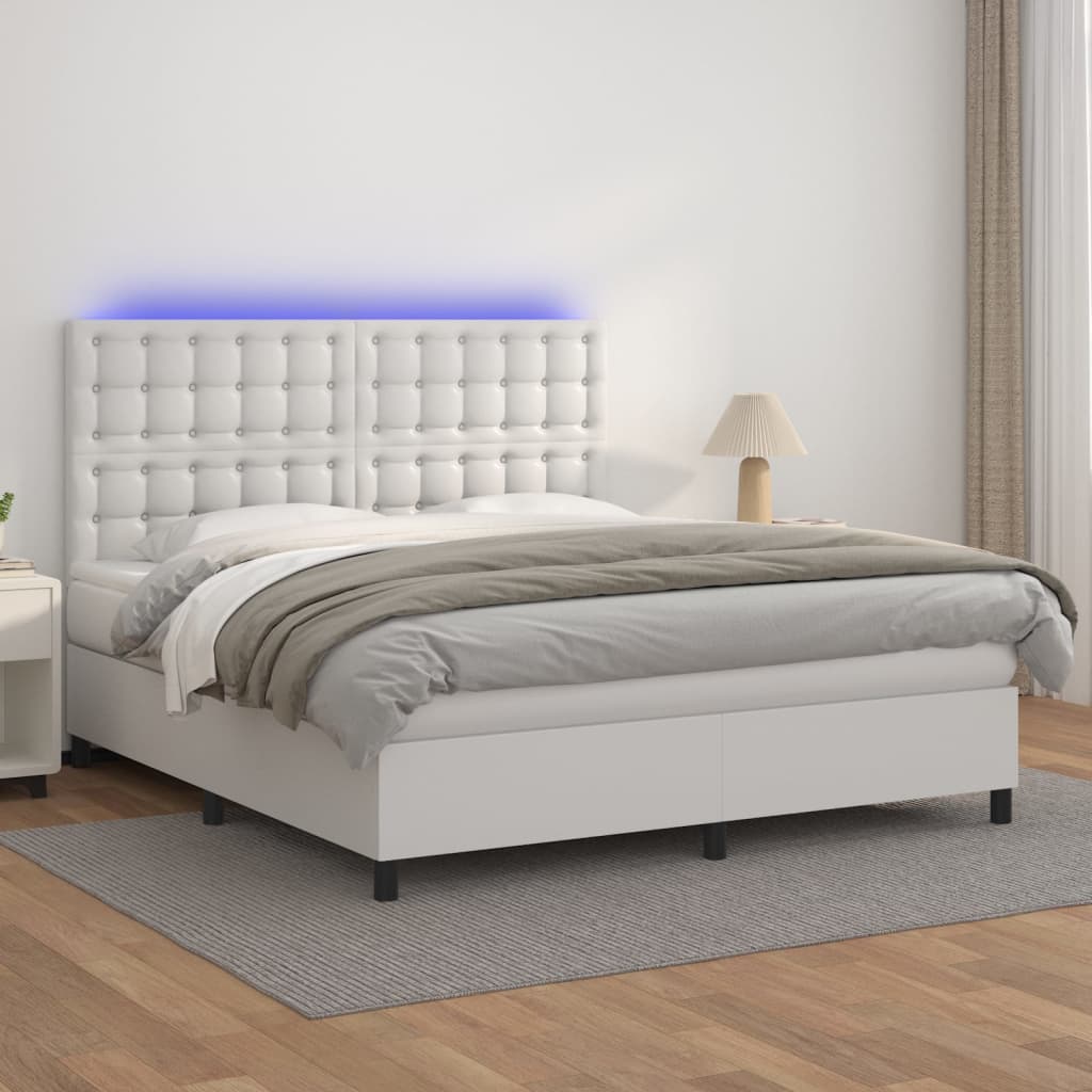 Sommier tapissier et matelas et LED Blanc 180x200 cm Similicuir
