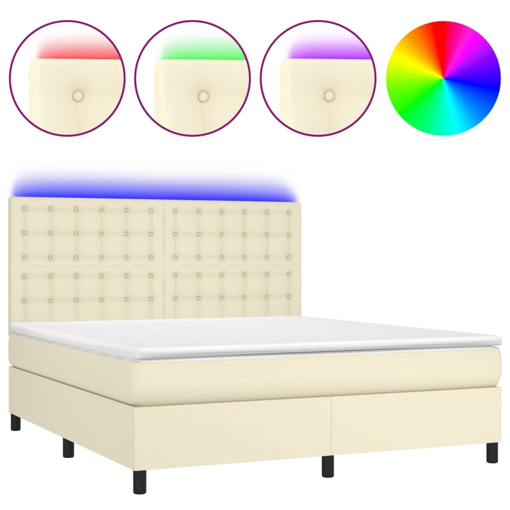 Pat cu arcuri, saltea și LED, crem, 180x200 cm, piele ecologică