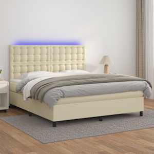 Box spring postel s matrací a LED krémová 180x200cm umělá kůže - obrázek 1