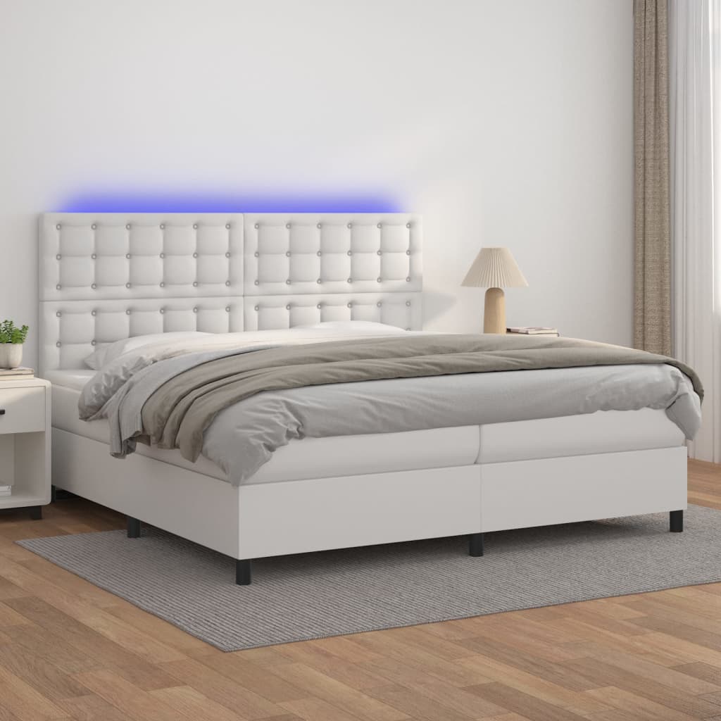 Sommier tapissier et matelas et LED Blanc 200x200 cm Similicuir