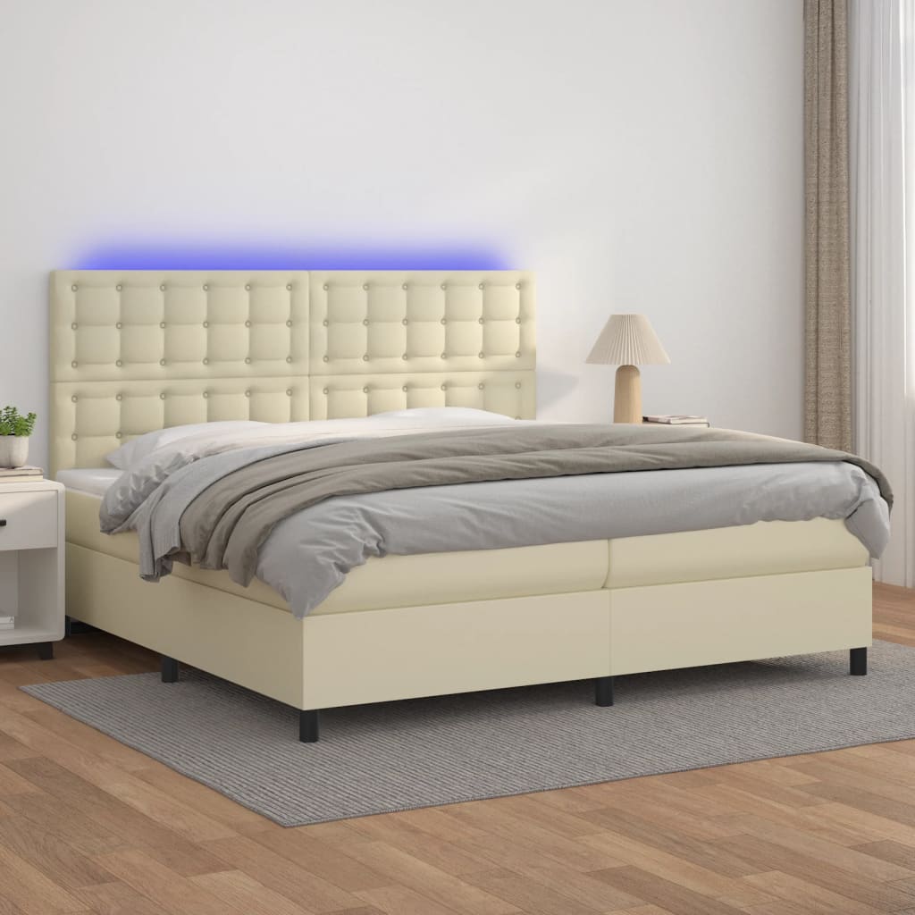 vidaXL Pat cu arcuri, saltea și LED, crem, 200x200 cm, piele ecologică