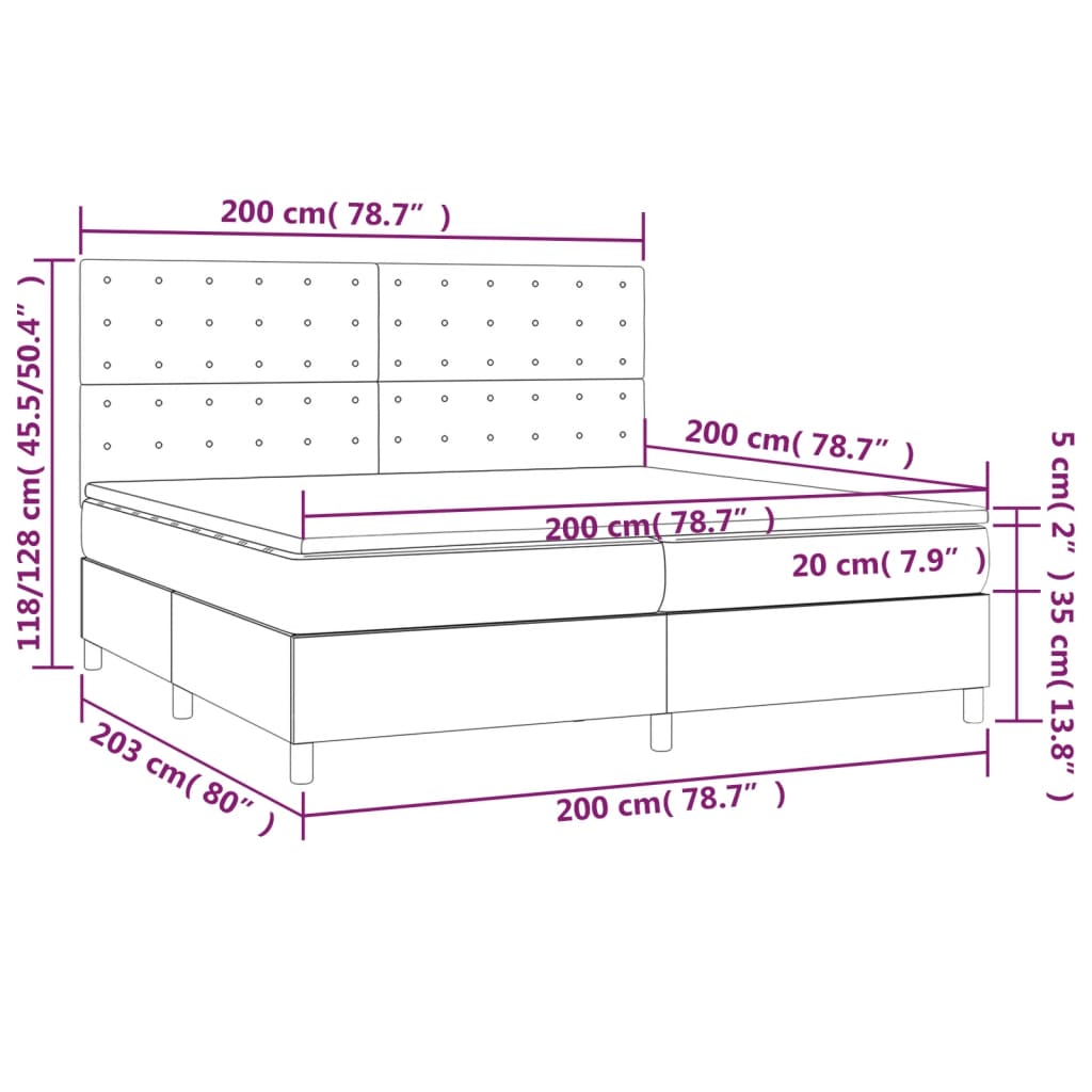 Łóżko kontynentalne z materacem i LED, szara ekoskóra 200x200cm