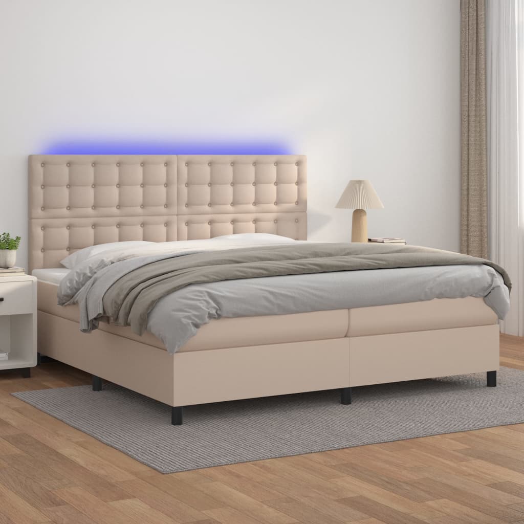 vidaXL Pat cu arcuri, cu saltea și LED cappuccino 200x200 cm piele eco