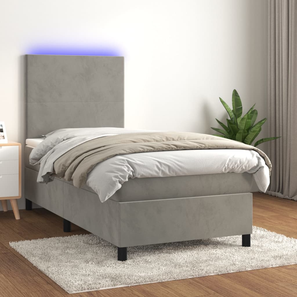 Sommier tapissier et matelas et LED Gris clair 80x200cm Velours