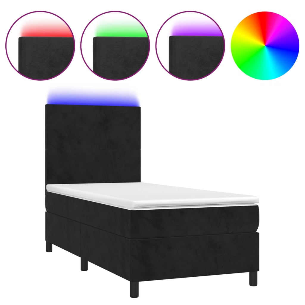 Fekete bársony rugós és LED-es ágy matraccal 90x190 cm 