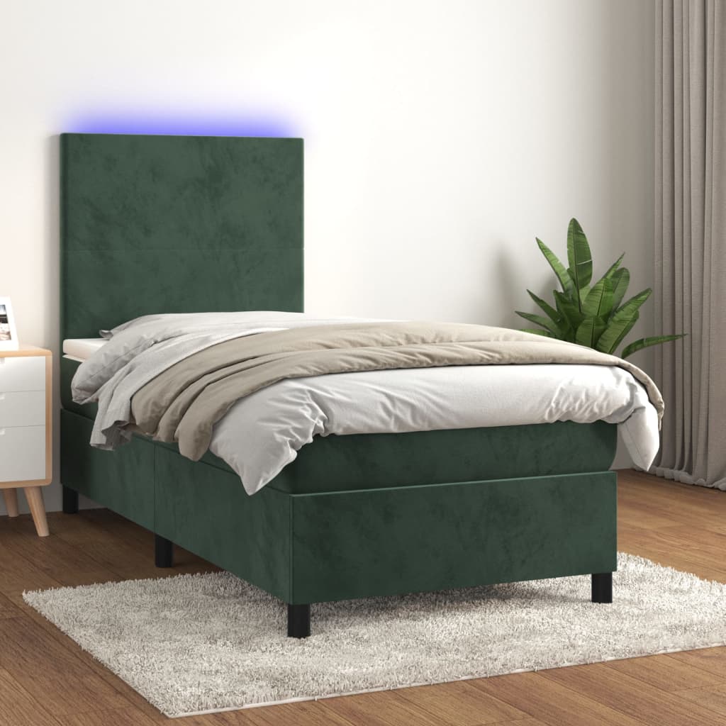 Box spring postel s matrací a LED tmavě zelená 90x190 cm samet