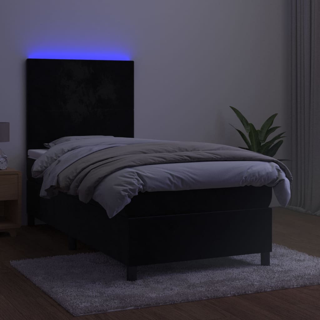 fekete bársony rugós és LED-es ágy matraccal 90x200 cm