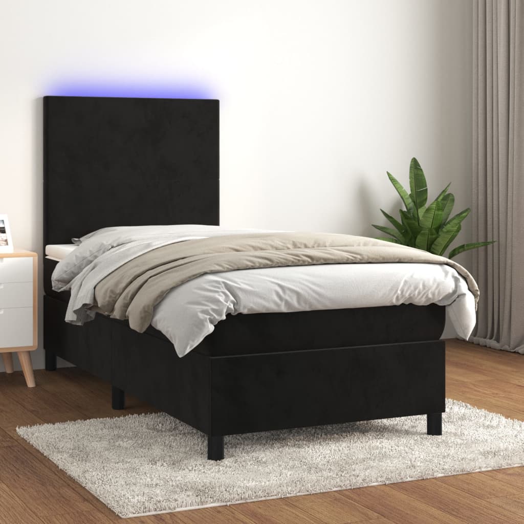 Fekete bársony rugós és LED-es ágy matraccal 100x200 cm 
