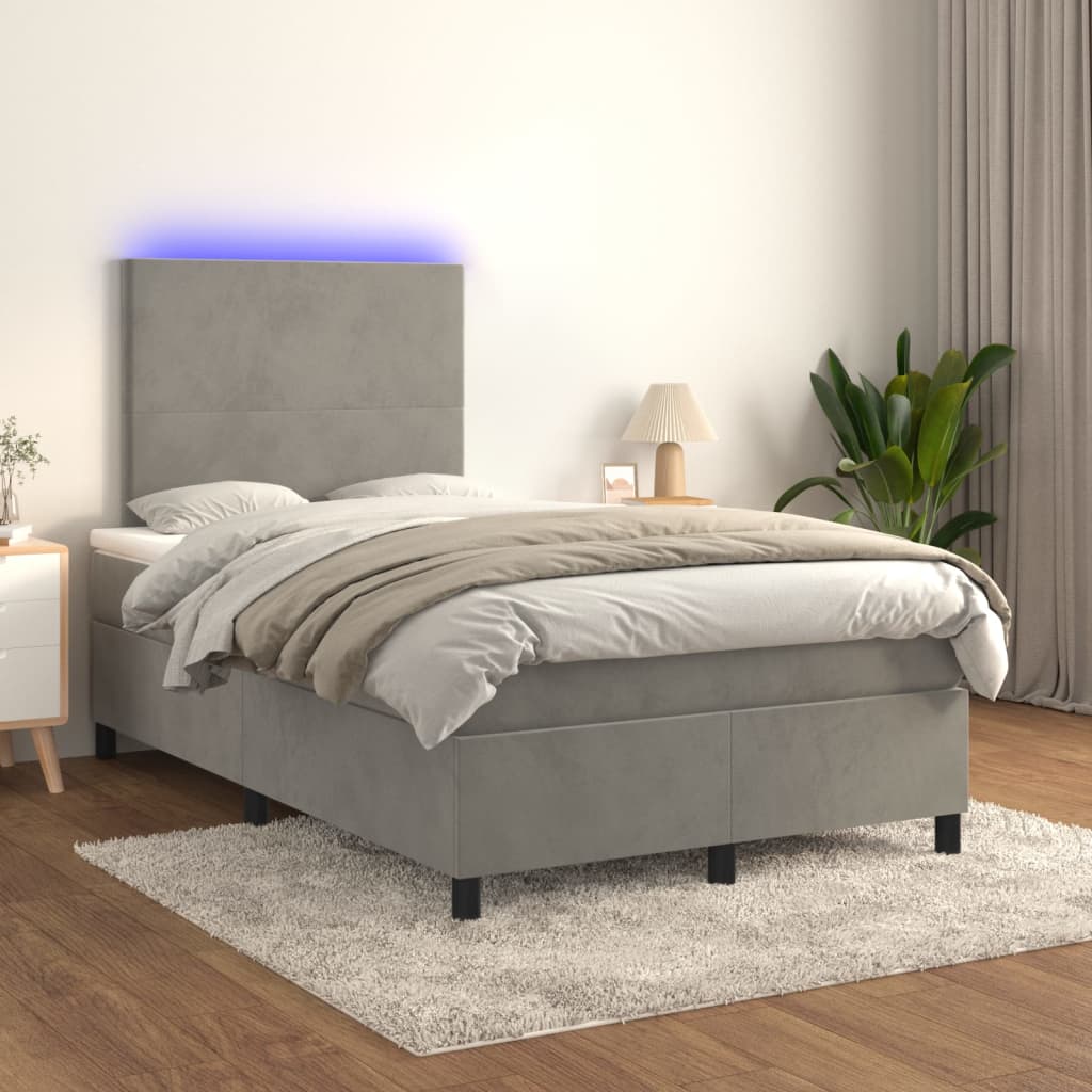 Box spring postel s matrací a LED světle šedá 120x200 cm samet