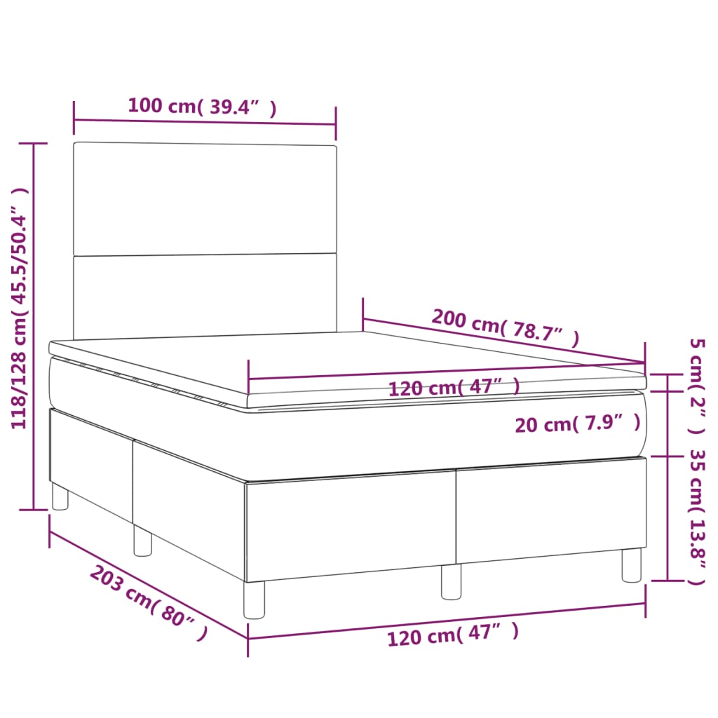 Łóżko kontynentalne z materacem i LED, czarny aksamit 120x200cm