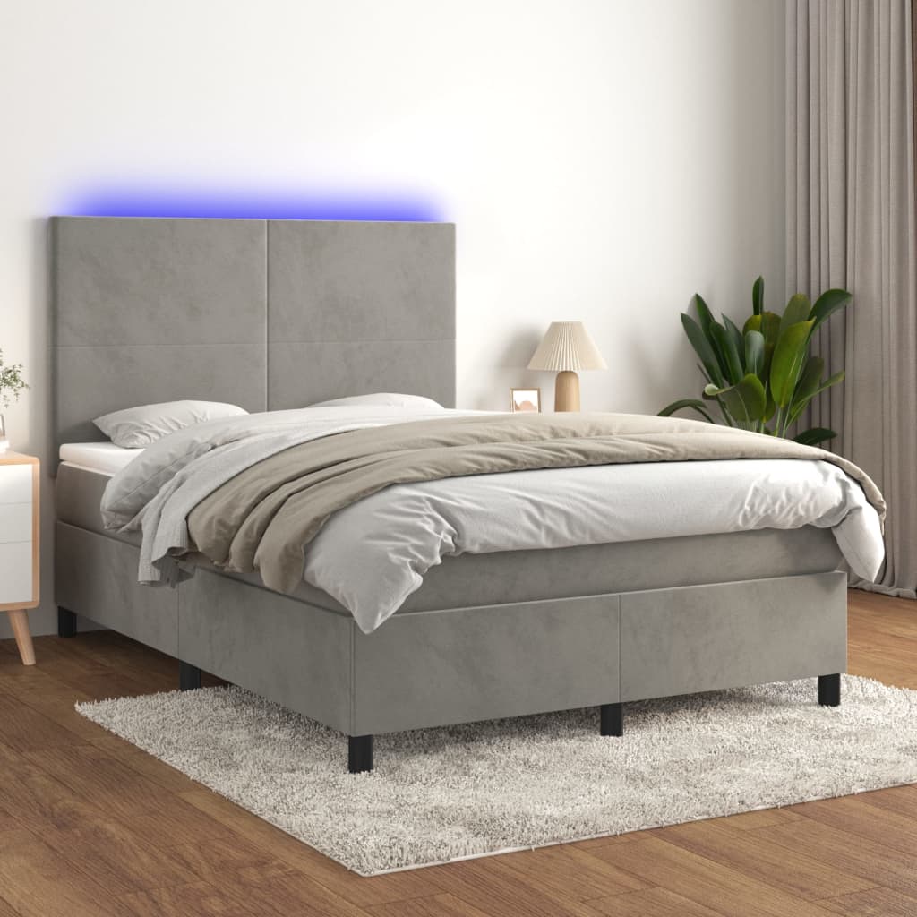 Box spring postel s matrací a LED světle šedá 140x190 cm samet