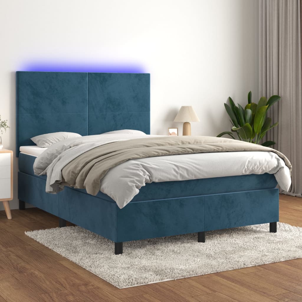 Box spring postel s matrací a LED tmavě modrá 140x190 cm samet