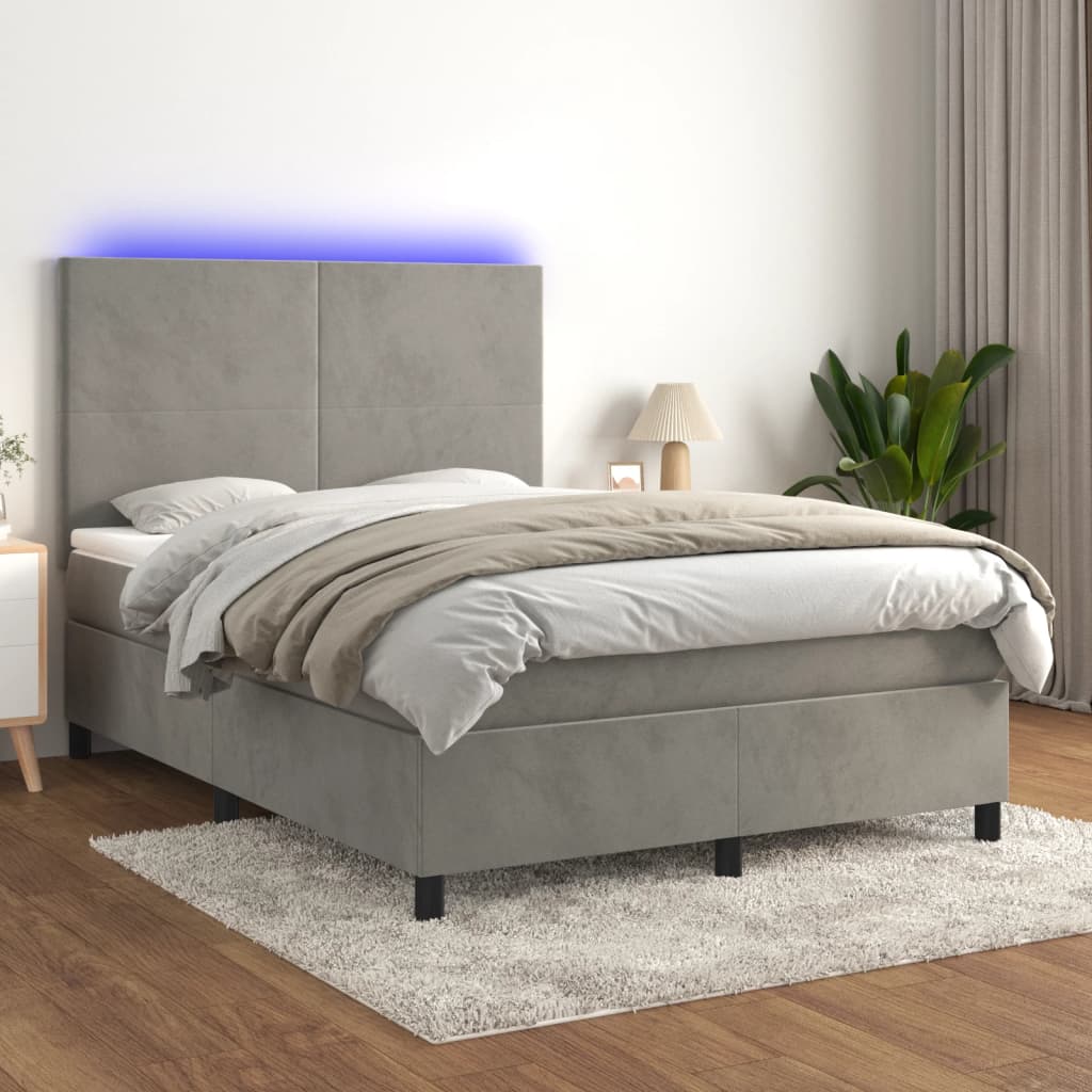 Sommier tapissier matelas et LED Gris clair 140x200 cm Velours