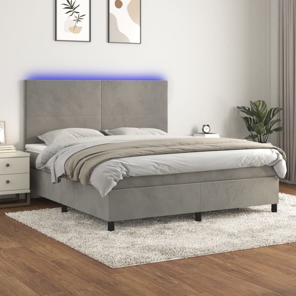Sommier tapissier matelas et LED Gris clair 160x200 cm Velours