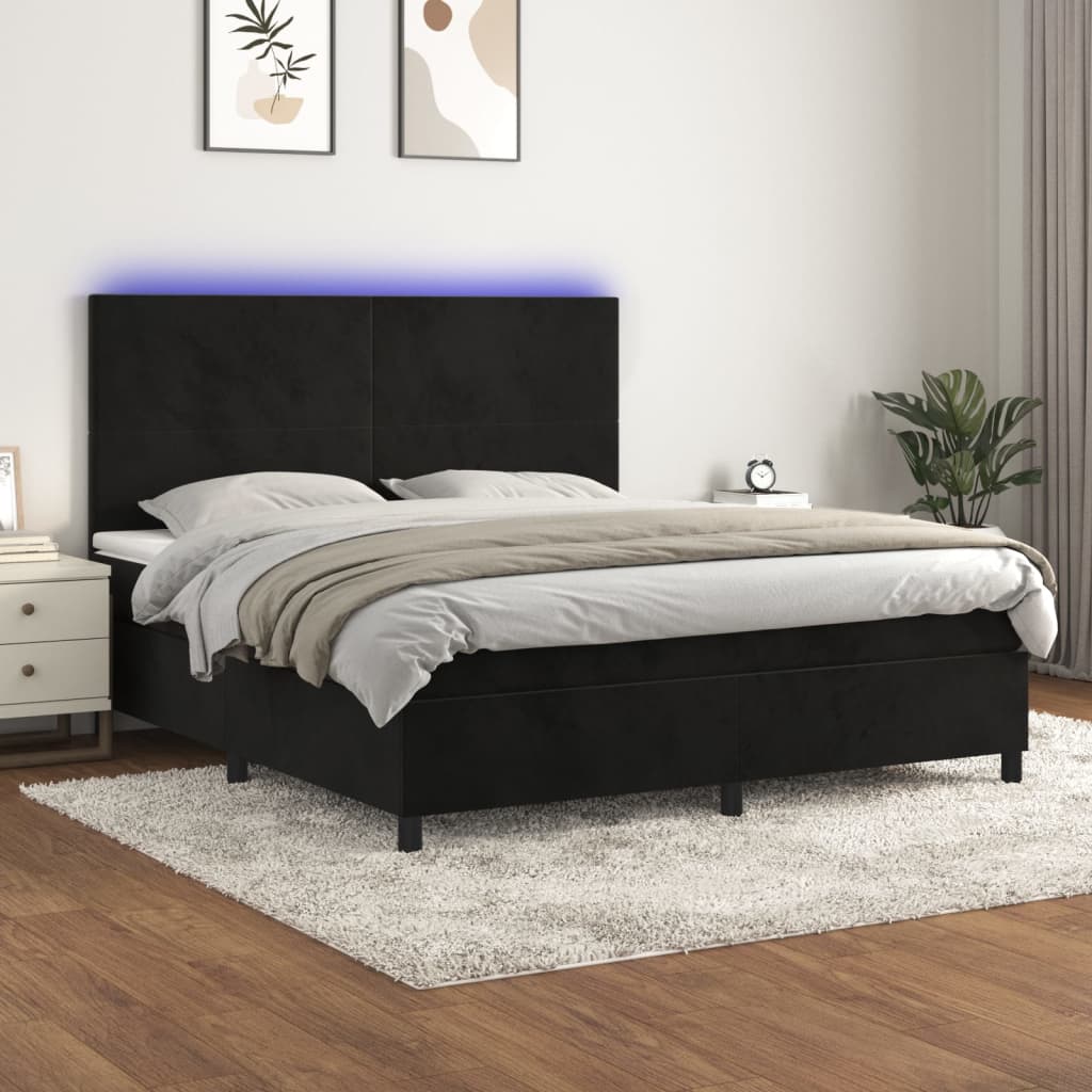 Sommier tapissier avec matelas et LED Noir 160x200 cm Velours