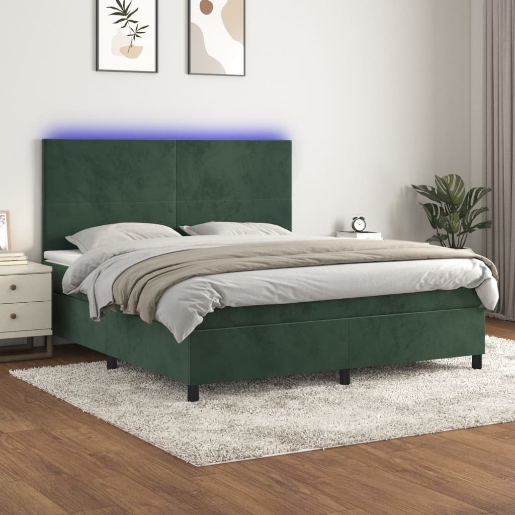 vidaXL Boxspringbett mit Matratze & LED Dunkelgrün 160x200 cm Samt