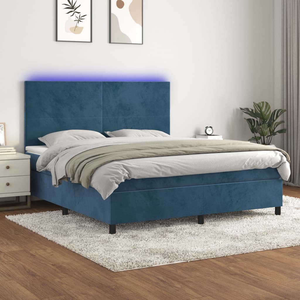 Box spring postel s matrací a LED tmavě modrá 160x200 cm samet