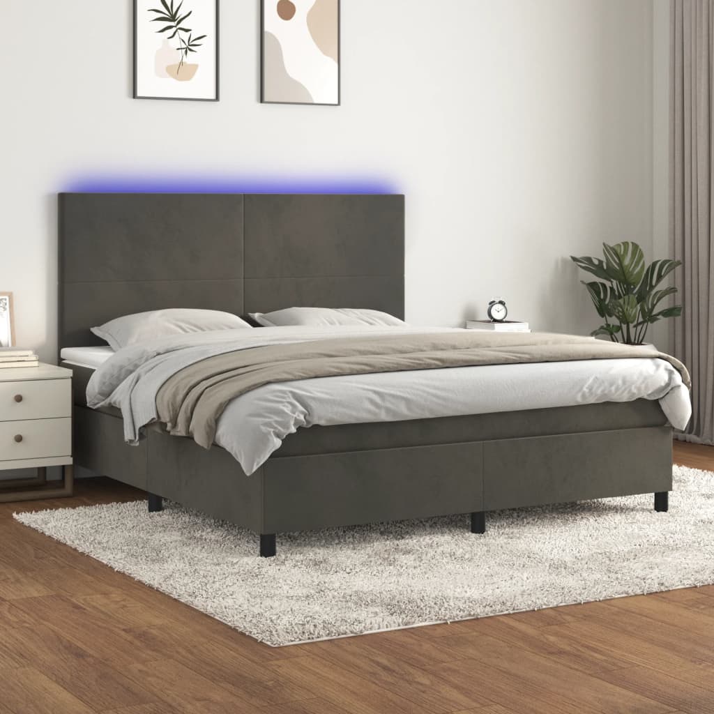 Sommier tapissier matelas et LED Gris foncé 180x200 cm Velours