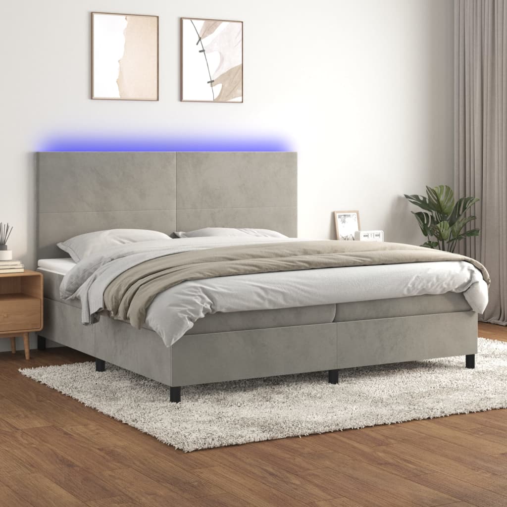 Sommier tapissier matelas et LED Gris clair 200x200 cm Velours