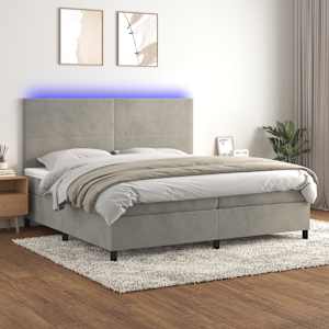 Box spring postel s matrací a LED světle šedá 200x200 cm samet - obrázek 1