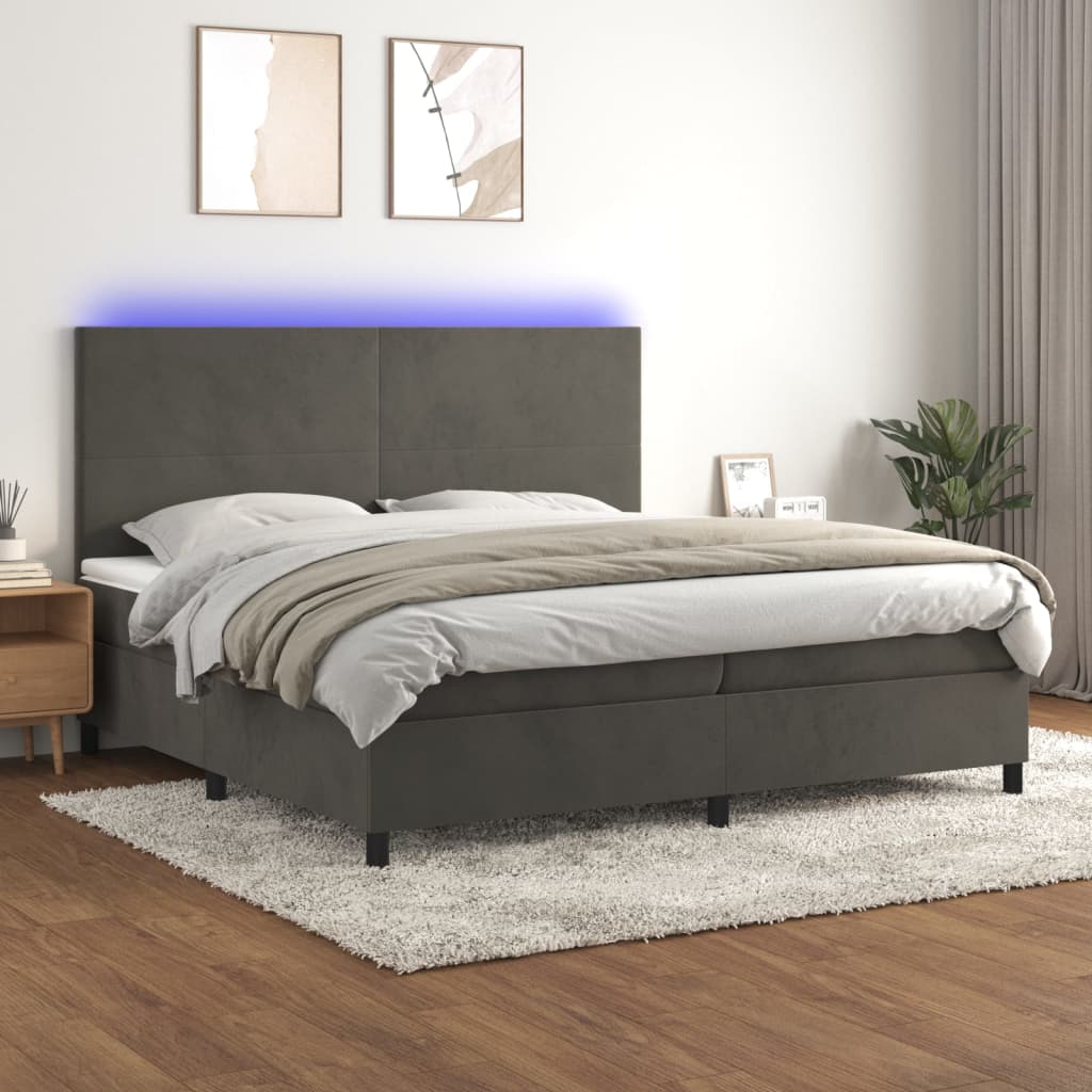 Sommier tapissier matelas et LED Gris foncé 200x200 cm Velours