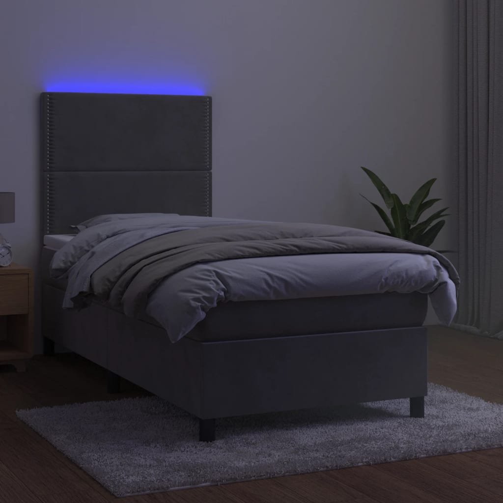 Világosszürke bársony rugós és LED-es ágy matraccal 80 x 200 cm 